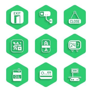 Set Fish plastic tray container, Credit card, Electronic scales, Clock 24 hours Illustrazione stock