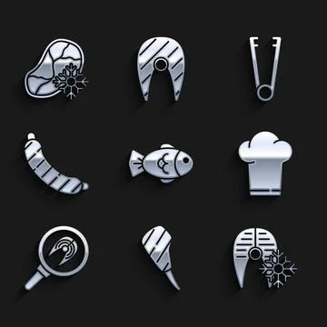 Set Fish, Rib eye steak, Fresh frozen fish, Chef hat, in frying pan, Sausag.. Stock Illustration