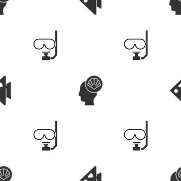 Set Fish, Scallop sea shell and Diving mask and snorkel on seamless pattern Illustrazione stock