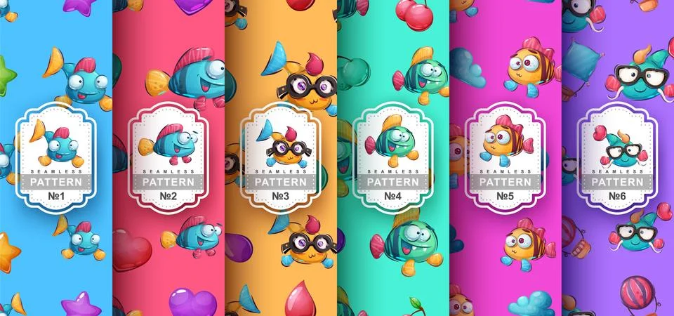 Set fish seamless pattern and cartoon illustration Illustrazione stock