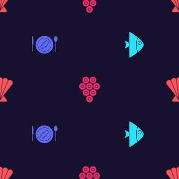 Set Fish, Served cucumber on a plate, Caviar and Scallop sea shell on seamles Stock Illustration
