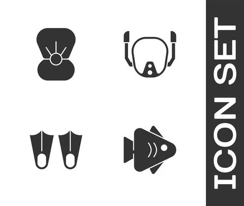 Set Fish, Shell with pearl, Rubber flippers and Diving mask icon. Vector Stock Illustration