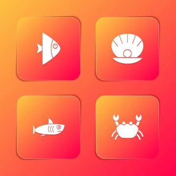 Set Fish, Shell with pearl, Shark and Crab icon. Vector Stock Illustration