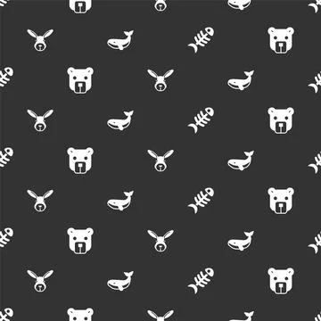 Set Fish skeleton, Bear head, Rabbit and Whale on seamless pattern. Vector Illustrazione stock