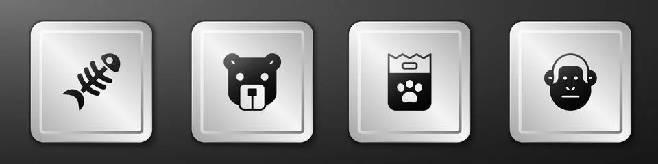 Set Fish skeleton, Bear head, Bag of food and Monkey icon. Silver square button Stock Illustration