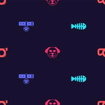 Set Fish skeleton, Collar with name tag, Dog and Retractable cord leash on Stock Illustration