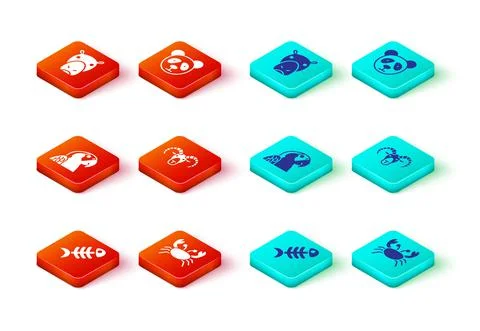 Set Fish skeleton, Crab, Macaw parrot, Head of goat or ram, Cute panda face and Stock Illustration