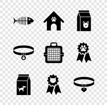 Set Fish skeleton, Dog house and paw print pet, Bag of food for dog, , Cat .. Illustrazione stock