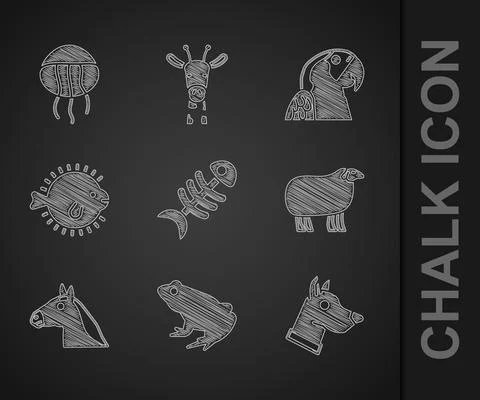 Set Fish skeleton, Frog, Dog head, Sheep, Horse, Puffer fish, Macaw parrot and Stock Illustration