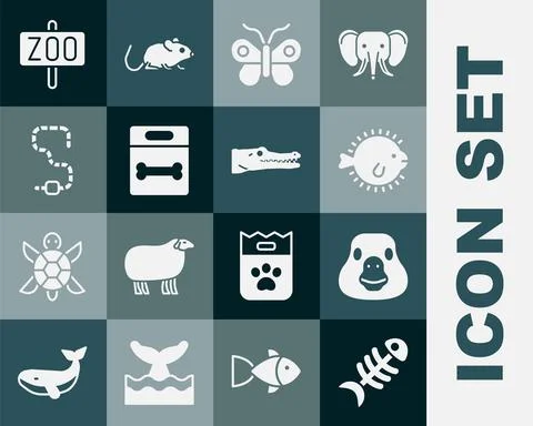 Set Fish skeleton, Goose bird, Puffer fish, Butterfly, Dog bone, Worm, Zoo park Stock Illustration