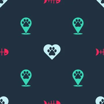 Set Fish skeleton, Heart with animals footprint and Location veterinary on Stock Illustration