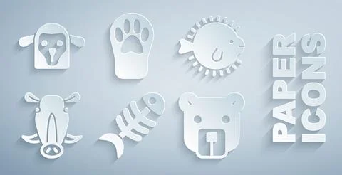 Set Fish skeleton, Puffer fish, Wild boar head, Bear, Paw print and Sheep icon Stock Illustration
