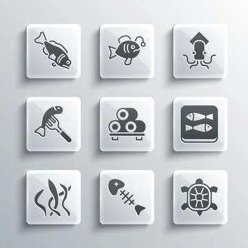 Set Fish skeleton, Turtle, Canned fish, Sushi cutting board, Seaweed, Served Stock Illustration