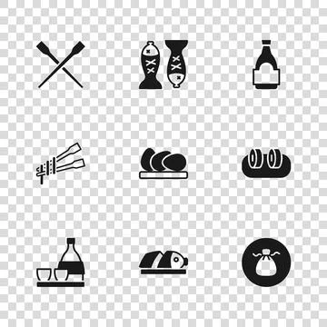 Set Fish with sliced pieces, Sushi, Wonton, Chicken egg, Soy sauce bottle, .. Stock Illustration