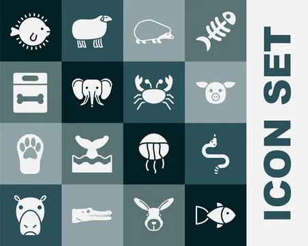 Set Fish, Snake, Pig, Hedgehog, Elephant, Dog bone, Puffer fish and Crab icon Stock Illustration
