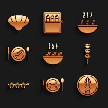 Set Fish soup, Served crab on a plate, Octopus, Takoyaki stick, Grilled fish Stock Illustration
