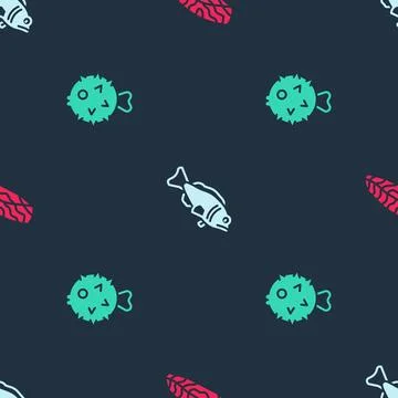 Set Fish steak,  and hedgehog on seamless pattern. Vector Illustrazione stock