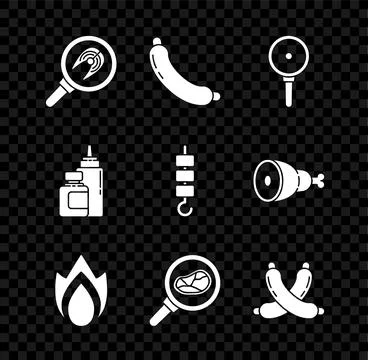 Set Fish steak in frying pan, Sausage, Frying, Fire flame, Steak meat, Cros.. Stock Illustration