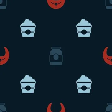 Set Fish steak, Jam jar and Popcorn in cardboard box on seamless pattern. Vector Stock Illustration