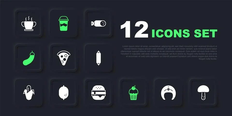 Set Fish steak, Mushroom, Slice of pizza, Muffin, Eggplant, Lemon, Coffee c.. Stock Illustration