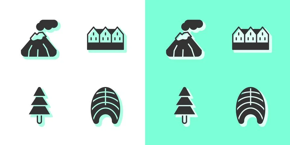 Set Fish steak, Volcano, Tree and Norwegian wooden house icon. Vector Illustrazione stock