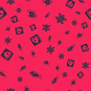 Set Fish, Tropical fish, head and Turtle on seamless pattern. Vector 스톡 일러스트