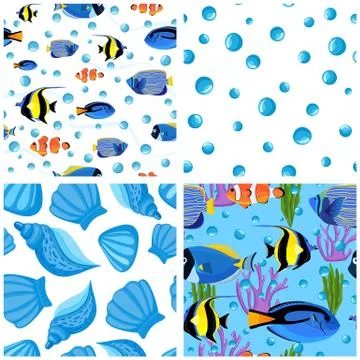 Set of Fish underwater with bubbles. Undersea seamless pattern. 스톡 일러스트