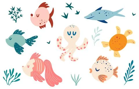 Set with fish. Various types of fish, turtle, octopus. Marine animals and aqu Stock Illustration