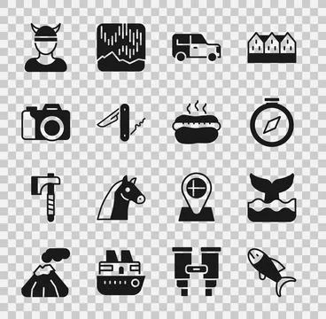 Set Fish, Whale tail, Compass, Car, Swiss army knife, Photo camera, Viking head 스톡 일러스트