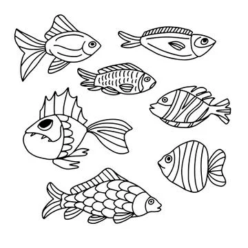 Set of fish on a white background in doodle style. For decorating dishes, covers Stock Illustration
