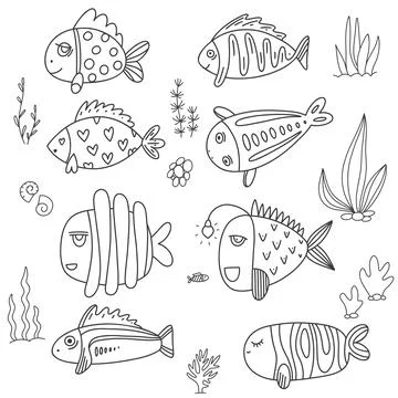 Set with fish on white background. Doodle style. Stock Illustration