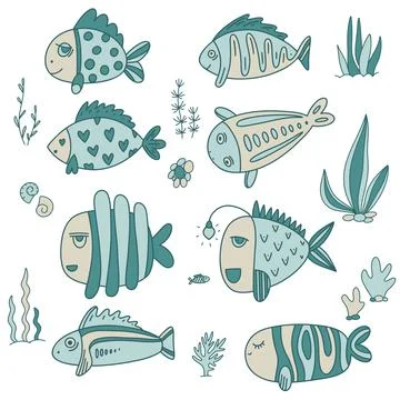 Set with fish on white background. Doodle style. Stock Illustration