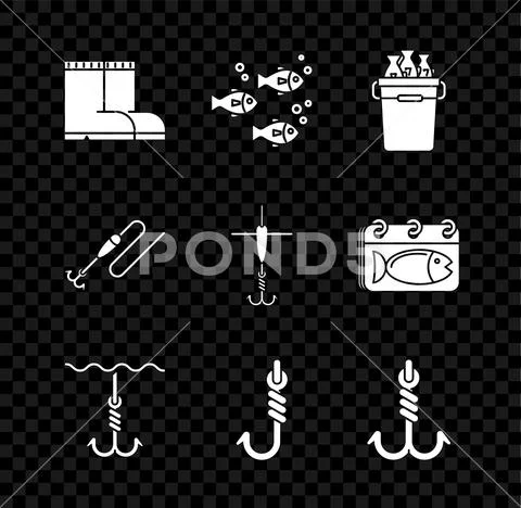 Set Fishing boots, bucket with fishes, hook under water, line and float and  icon ~ Clip Art #166359287