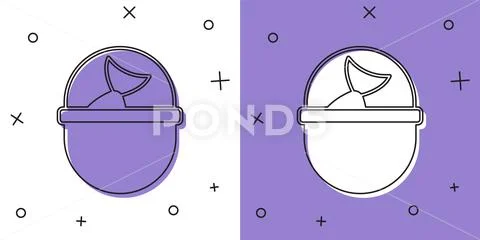 Set Fishing bucket with fish icon isolated on white and purple