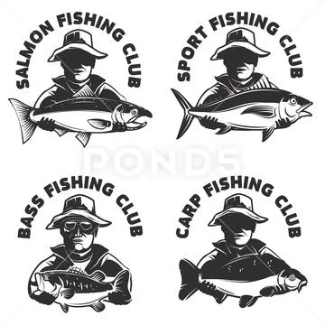 Set of fishing club labels templates. Fisherman silhouette with ~ Clip Art  #78360051