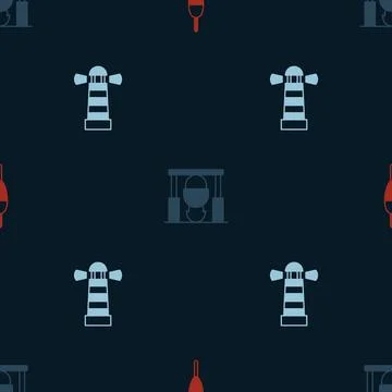 Set Fishing float, Campfire and pot and Lighthouse on seamless pattern. Vecto Stock Illustration
