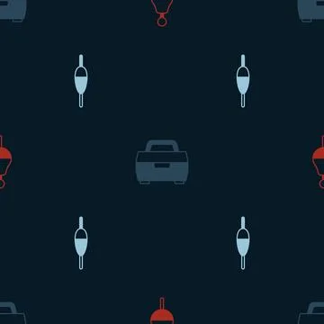 Set Fishing float, Case or box for fishing equipment and  on seamless pattern Stock Illustration
