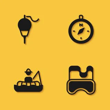 Set Fishing float, Diving mask, Fisherman boat and Compass icon with long shadow Stock Illustration