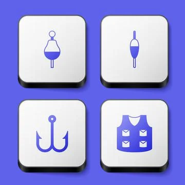 Set Fishing float, hook and jacket icon. White square button. Vector Stock Illustration