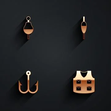 Set Fishing float, hook and jacket icon with long shadow. Vector Stock Illustration