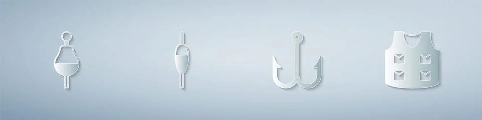 Set Fishing float, hook and jacket. Paper art style. Vector Illustrazione stock