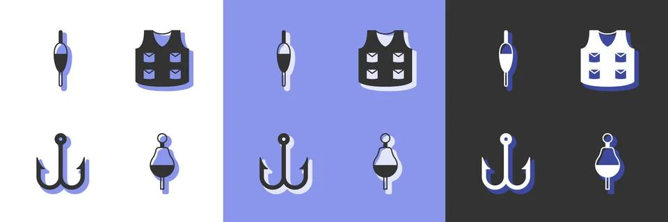 Set Fishing float, hook and jacket icon. Vector Stock Illustration