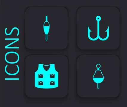 Set Fishing float, hook and jacket icon. Black square button. Vector Stock Illustration