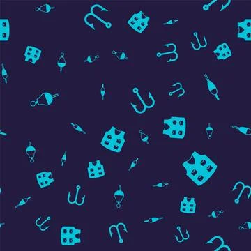Set Fishing float, hook and jacket on seamless pattern. Vector Stock Illustration