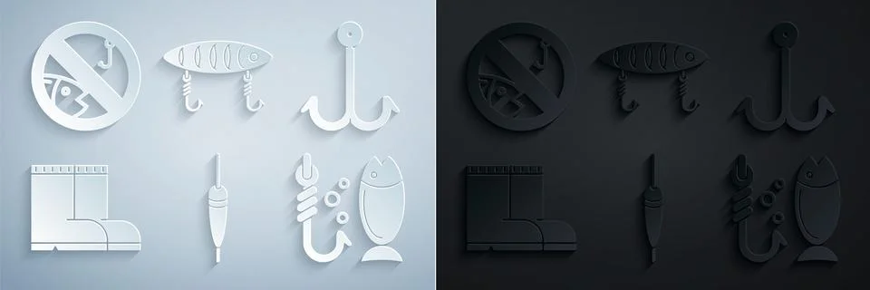 Set Fishing float, hook, boots, lure and No fishing icon. Vector Illustrazione stock