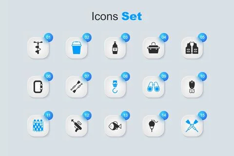 Set Fishing float, Oars or paddles boat, bucket, net pattern, Crossed oars,.. Stock Illustration