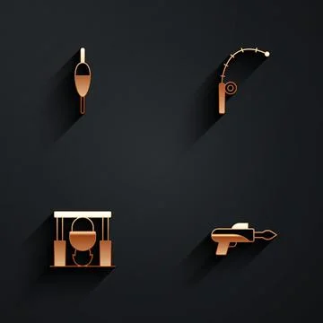 Set Fishing float, rod, Campfire and pot and harpoon icon with long shadow. V Stock Illustration