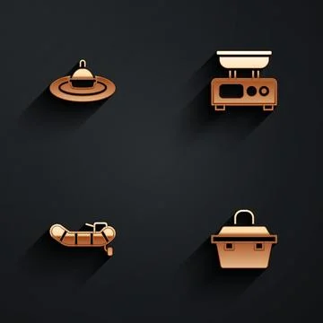 Set Fishing float in water, Electronic scales, Inflatable boat with motor and Stock Illustration