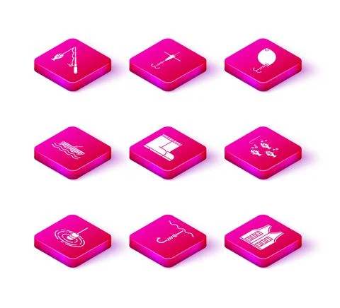 Set Fishing float in water, hook under, boat with oars on, boots, jacket, fish Stock Illustration