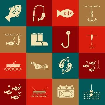 Set Fishing float in water, hook under with fish, and, boots,  and  icon. V.. Stock Illustration